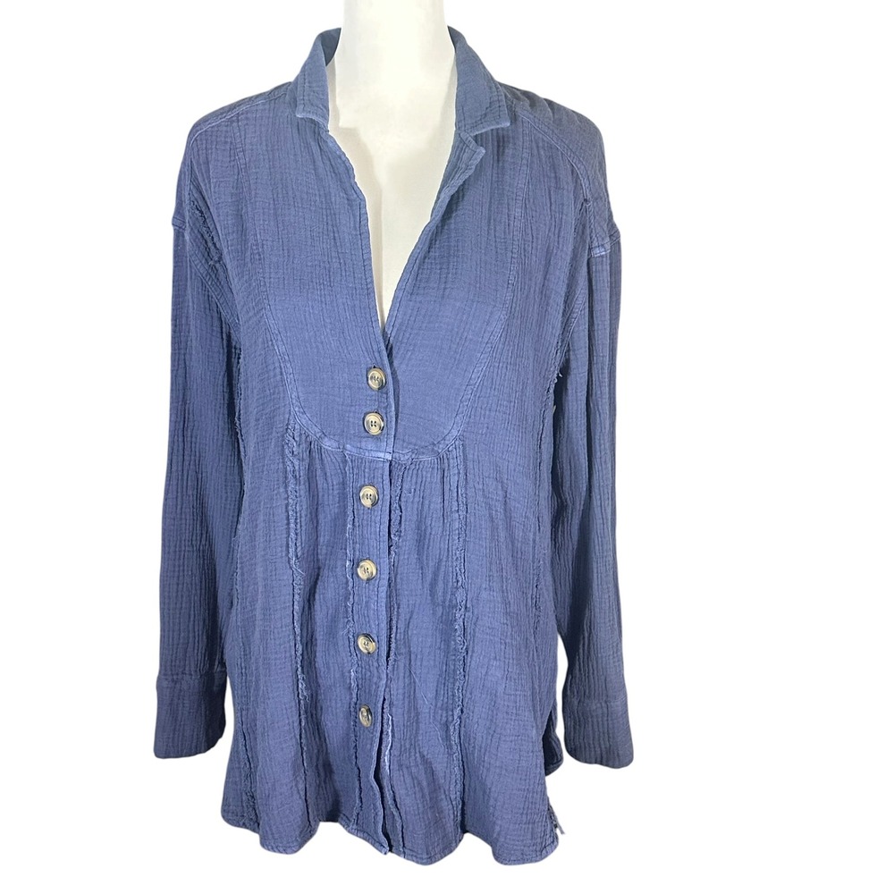 Free People All About The Feels Button Down Women's XS Blue Gauze Oversized Top
